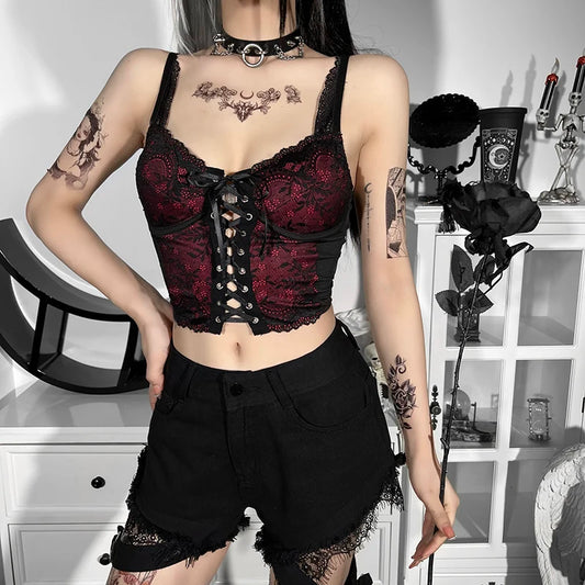 Gothic Slim Peplum Fishing Net New Spring Summer Hanging Neck Vest Crop Top