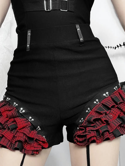 Gothic Landmine Plaid Patchwork Y2K Halter Cinch Waist Shorts Skirt