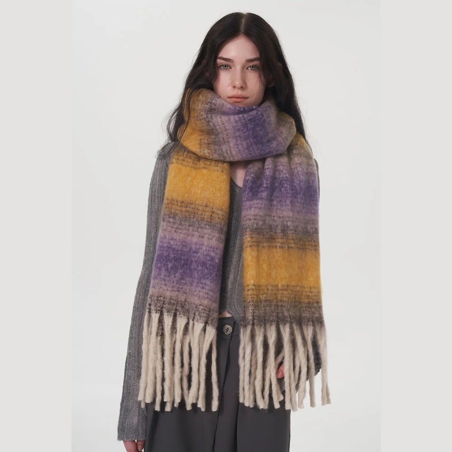 Cashmere Color Block Tassel Muffler Scarf