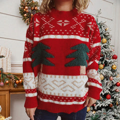 Fashion Tree Embroidery Casual Loose Retro Green Christmas Sweater Red / S Sweaters-L