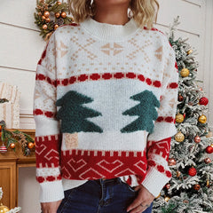 Fashion Tree Embroidery Casual Loose Retro Green Christmas Sweater White / S Sweaters-L