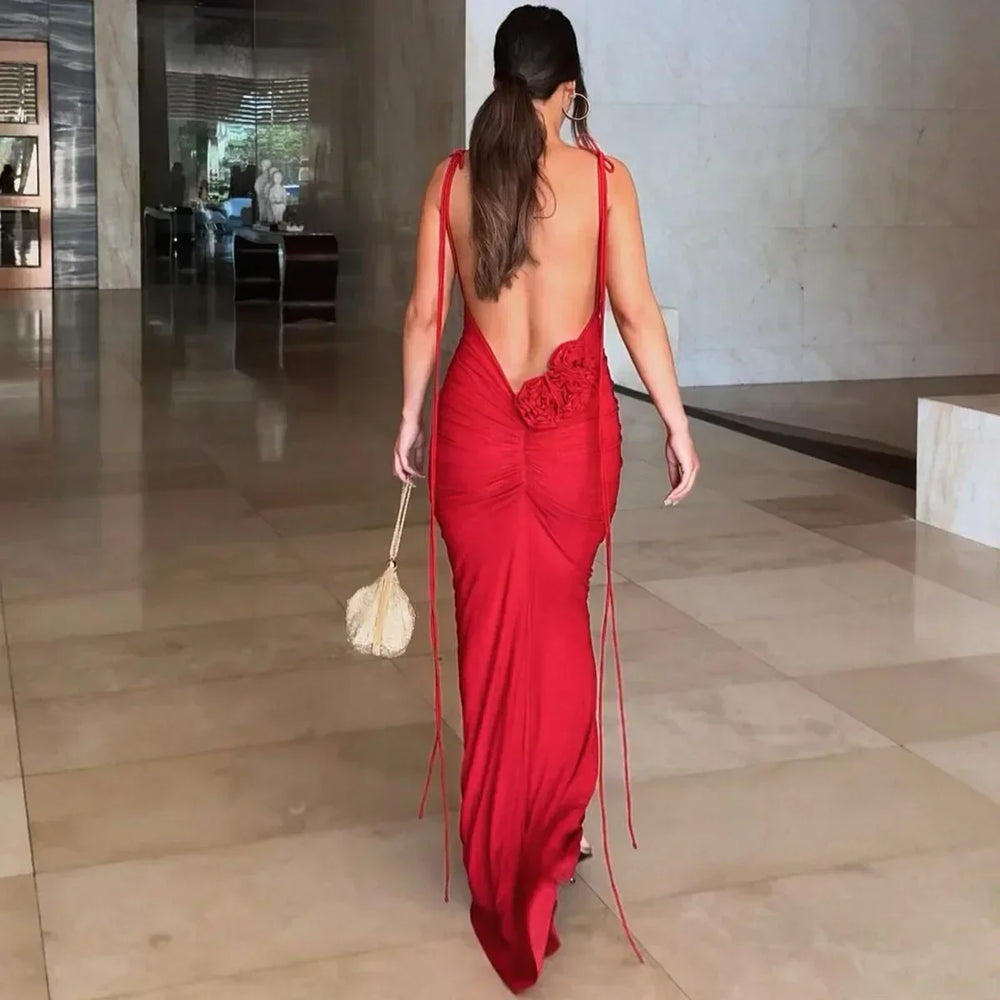 Sexy Floral-Applique Backless Elegant Maxi Christmas Party Dress Dresses-L