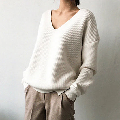 Soft Warm Casual Elegant Comfortable Cozy Fleece Knitted V-Neck Long Sleeve Sweater