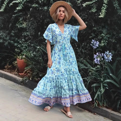 Floral V-neck Rayon Beach Boho Dress Green / S bohodress-250126