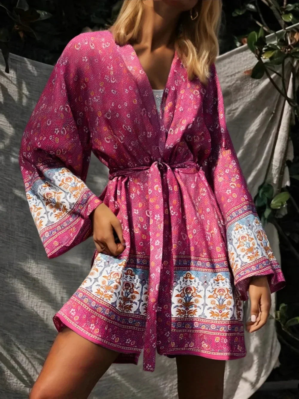 Floral Sashes Boho Kimono Bikini Cover-up Red / S bohodress-250126