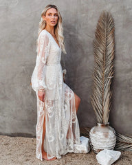 V-neck Long Sleeve Ruffles Hollow Out Maxi Boho Dress bohodress-250126
