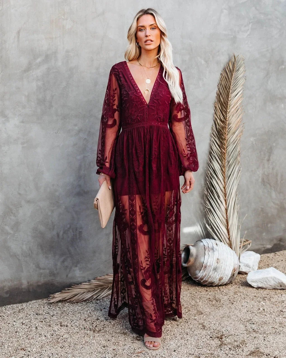 V-neck Long Sleeve Ruffles Hollow Out Maxi Boho Dress bohodress-250126