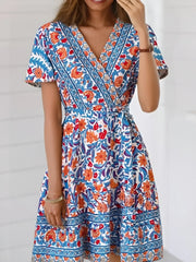 Blue Floral Print Cross V-neck Wrap Summer Mini Boho Dress Blue / S bohodress-250126