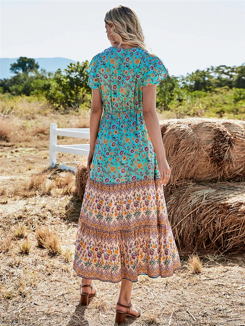 Floral Print Button V-neck Pleated Rayon Beach Maxi Boho Dress bohodress-250126