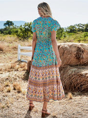Floral Print Button V-neck Pleated Rayon Beach Maxi Boho Dress bohodress-250126