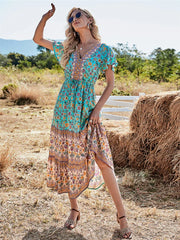 Floral Print Button V-neck Pleated Rayon Beach Maxi Boho Dress bohodress-250126