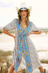 Floral Print Half Sleeve Loose Belt V-neck Vacation Midi Boho Dress Creamy-white / S bohodress-250126