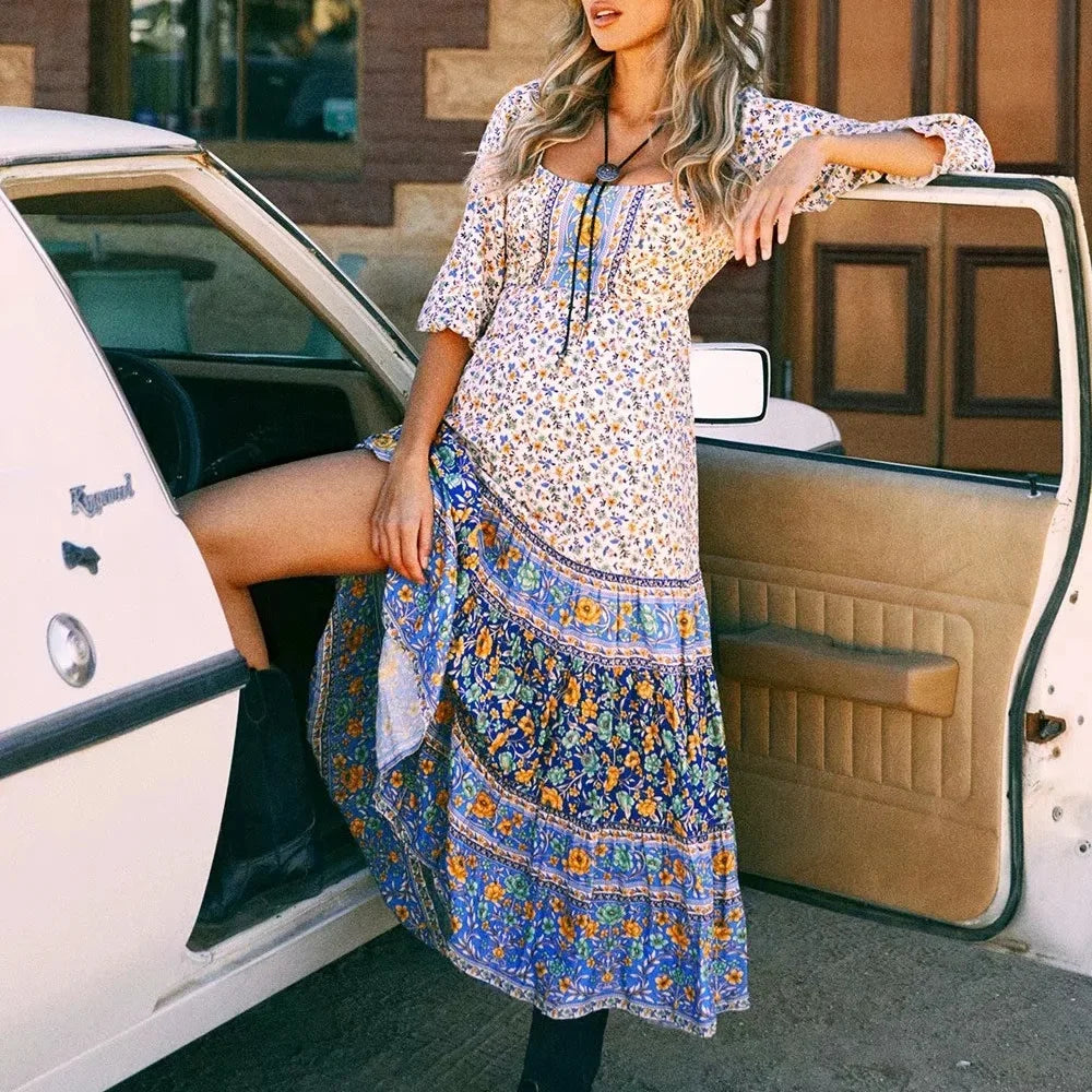 Floral Print Long Sleeve Sashes Fold O-neck Boho Dress Creamy-white / S bohodress-250126
