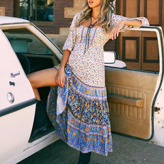 Floral Print Long Sleeve Sashes Fold O-neck Boho Dress Creamy-white / S bohodress-250126