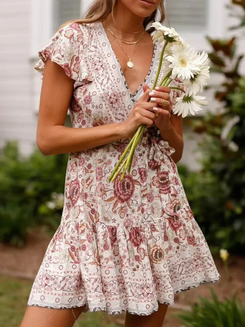 Green Floral Deep V-neck Boho Sundress bohodress-250126