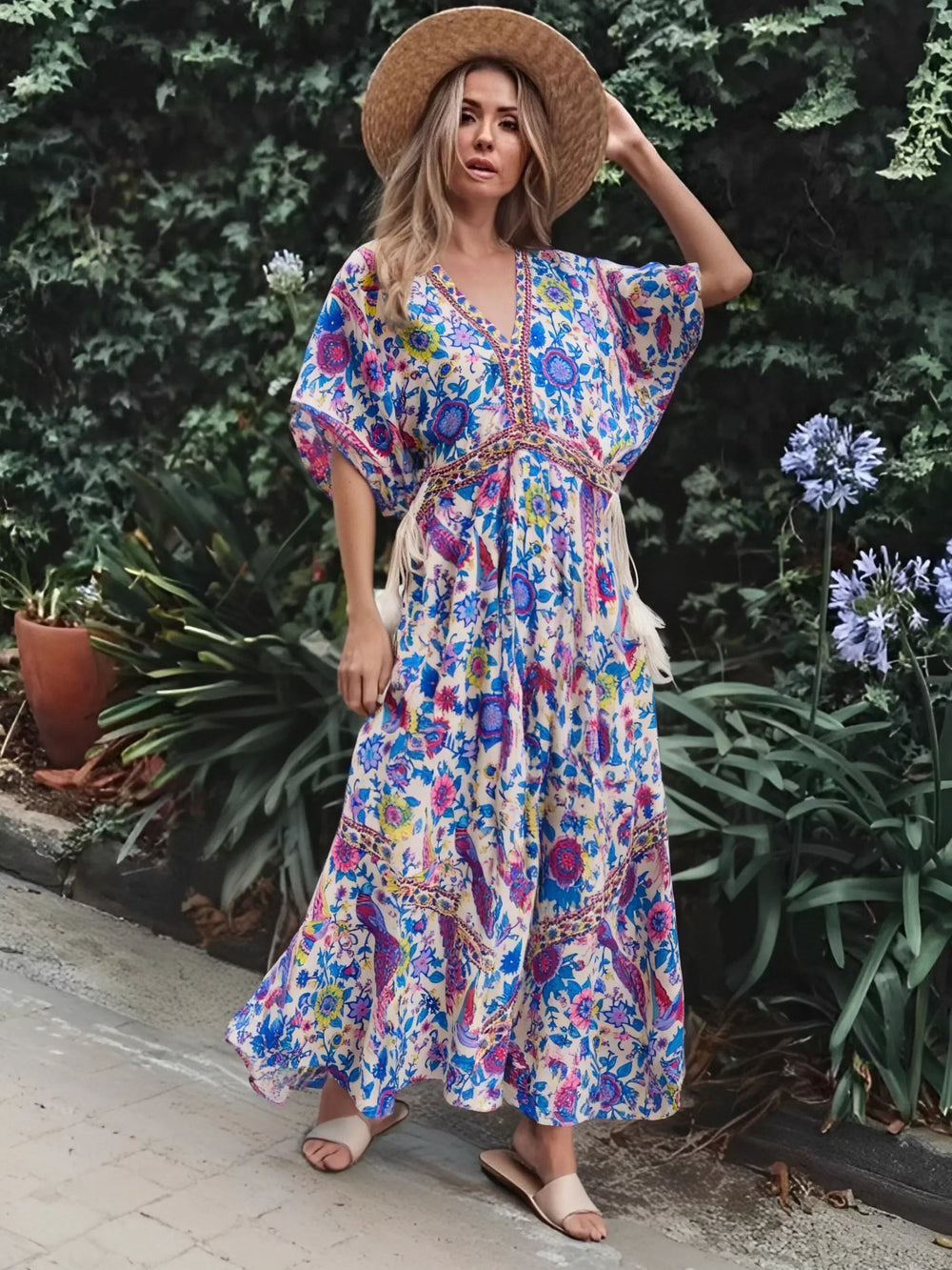 Peacock Floral Print V-neck Tassel Rayon Vacation Boho Dress Beige / S bohodress-250126