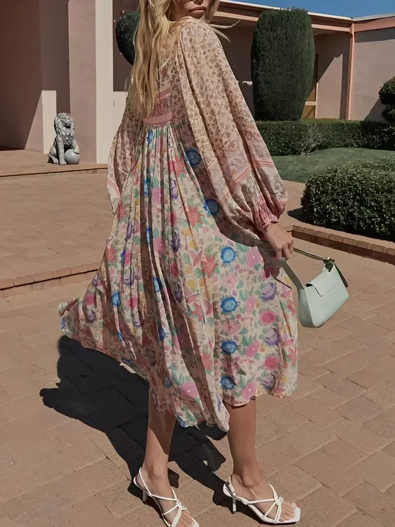 Pink Floral Square Collar Short Sleeve Boho Dress bohodress-250126