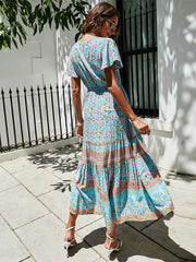 Red Floral Print Bat Sleeve Tassel V-neck Summer Boho Dress bohodress-250126