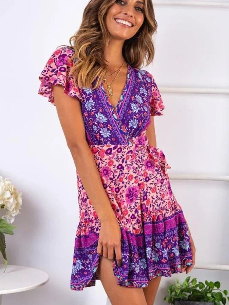 Red Floral Print Short Sleeve Rayon Summer Wrap Mini Boho Dress bohodress-250126