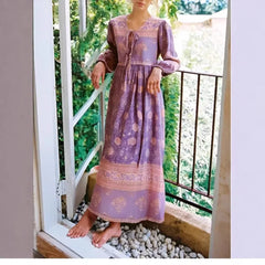 Red Floral Print Sashes Rayon Cotton Pleated Maxi Boho Dress Purple / S bohodress-250126