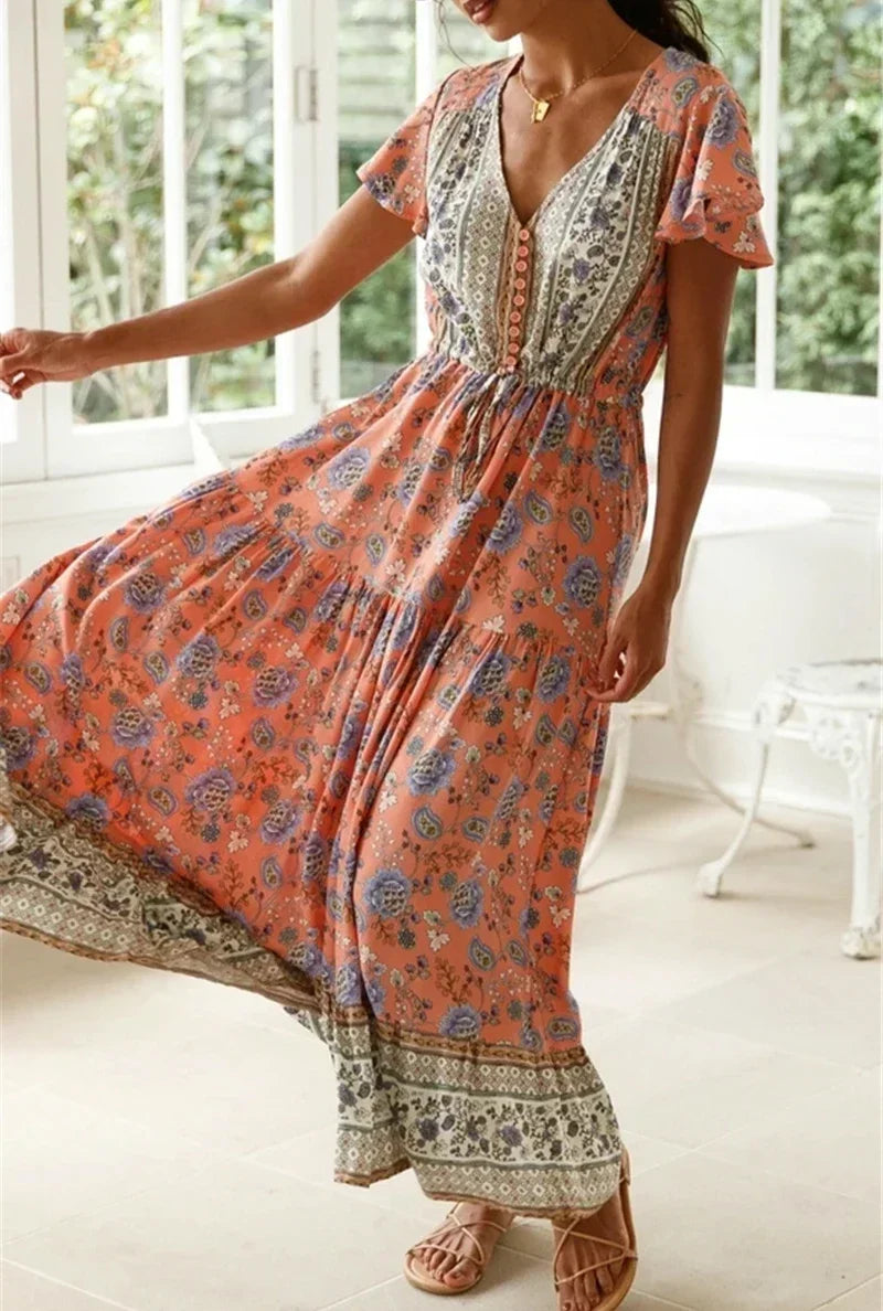 Sexy High Split Flare Sleeve Rayon Cotton Boho Dress bohodress-250126
