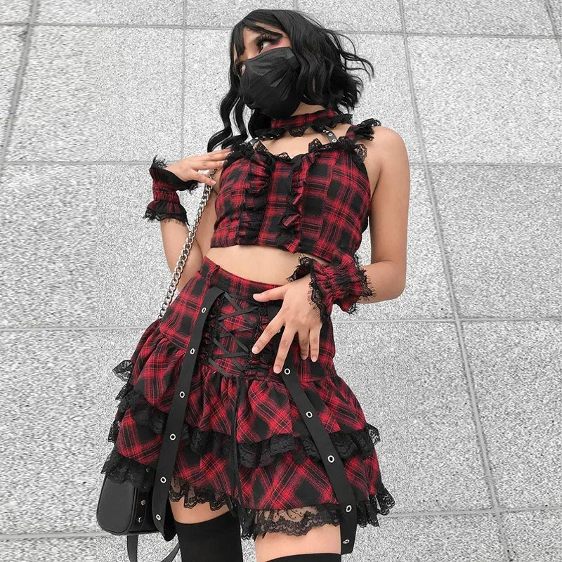 Harajuku Waist Japanese Plaided Mini Lolita Gothic Fashion Plaid High Streetwear Girl Sets Skirt