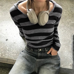 Harajuku Stripe Hooded Slim Contrast Color Long Sleeve Knit Top knittop-250126