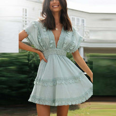 Lace Tie Up Beach Modern Ladies Ruffle Mini Dress Mint / S