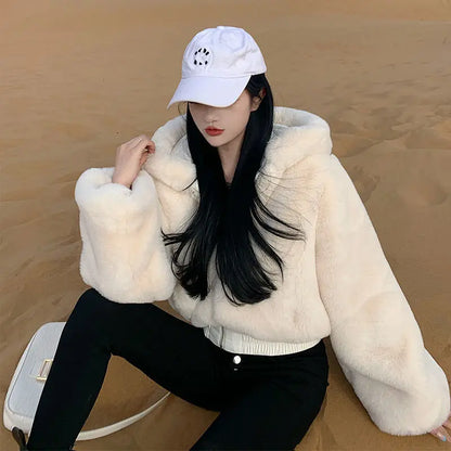 High Quality Furry Cropped Fluffy Hooded Winter Fur Coats