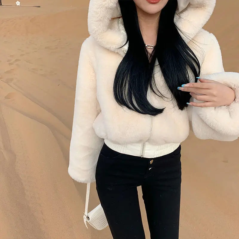 High Quality Furry Cropped Fluffy Hooded Winter Fur Coats