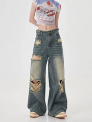 Perforated Women’s Summer New Ins Fashion Brand Straight Tube Loose Sweeping High Street Jean