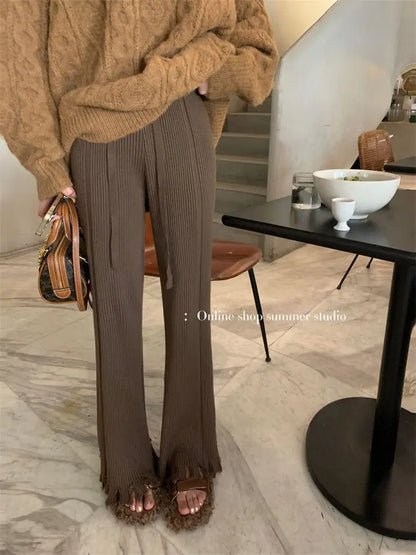 High Waisted Tassel Knitted Wide Leg Elastic Full-Length Stylish Pants