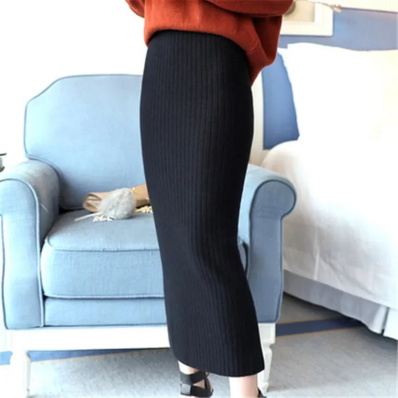 Autumn Winter Knitted Wool Long Office Midi Skirt