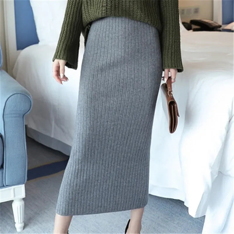 Autumn Winter Knitted Wool Long Office Midi Skirt