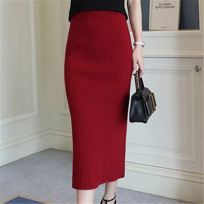 Autumn Winter Knitted Wool Long Office Midi Skirt