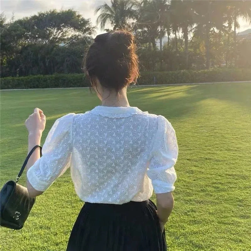 Hollow Lace Puff Sleeve Peter Pan Collar Blouse blouse-250126