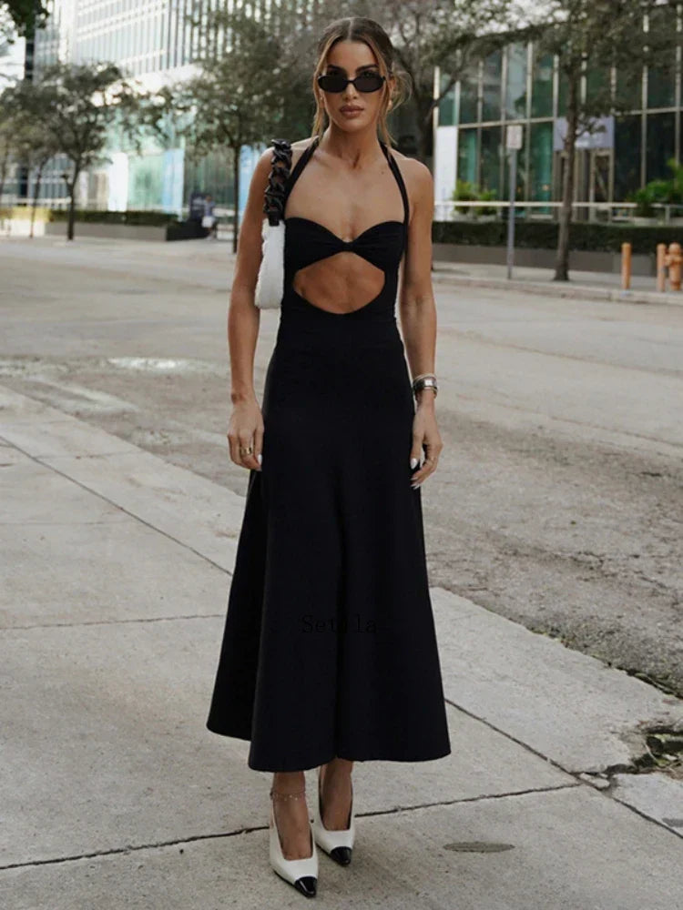 Hollow Backless Slim Sleeveless Party-Ready Bandaged Evening Midi Dress