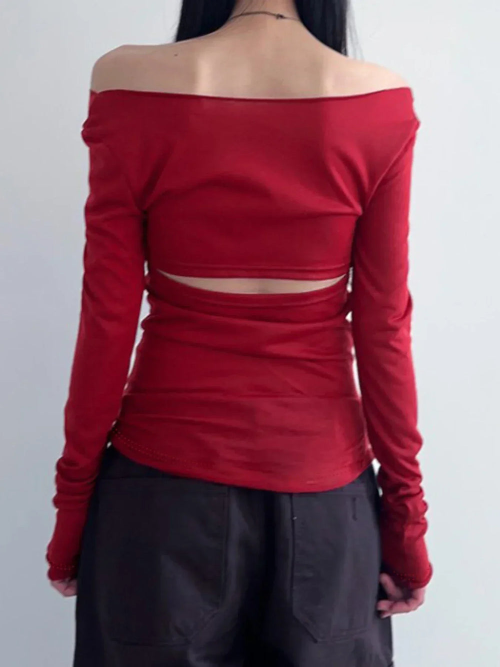 Hollow Out Bandage Slim Backless Slash Neck Long Sleeve Knit Top knittop-250126
