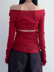 Hollow Out Bandage Slim Backless Slash Neck Long Sleeve Knit Top knittop-250126