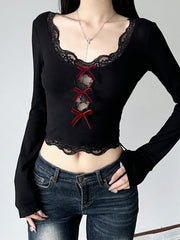 Bow Lace Trim Hollow Out Slim V-Neck Cropped Long Sleeve Knit Top knittop-250126