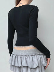Sweet Lace Trim Cropped Square Collar Long Sleeve Knit Top knittop-250126