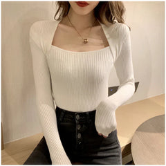 Autumn Winter Square Shawl Neckline Pullover Sexy Knit Top knittop-250126