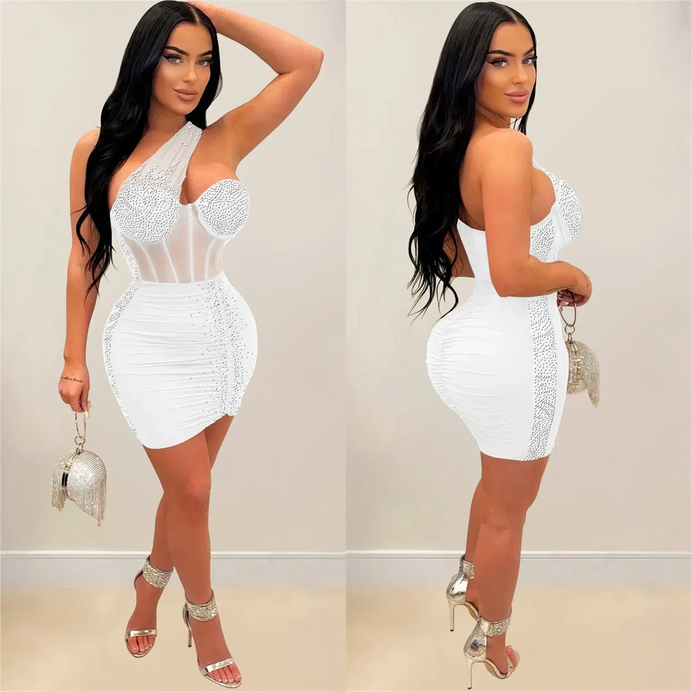 Incline Shoulder Rhinestone Mini Party Dress Partydress-241208