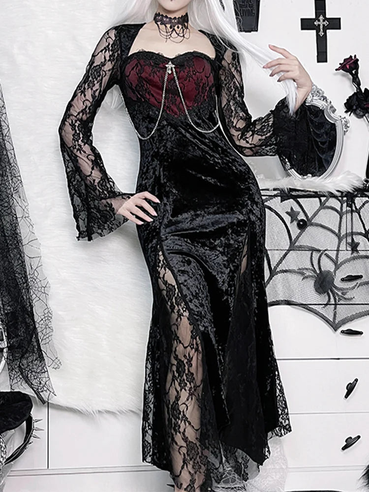 Chain High Long Patchwork Party Bodycon Velvet Tube Lace Slit Maxi Gothic Frock