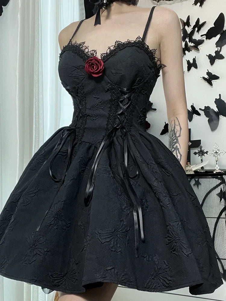 Goth Grunge Fairy Rose Backless Line Up A V Party Print Neck Lace Summer Frock