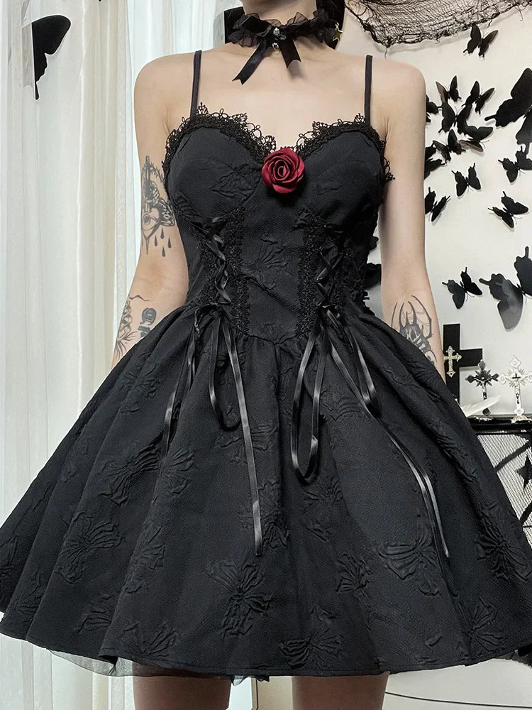 Goth Grunge Fairy Rose Backless Line Up A V Party Print Neck Lace Summer Frock