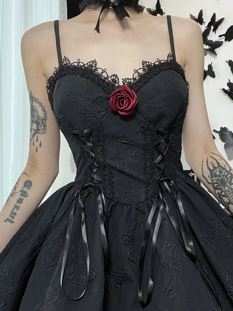 Goth Grunge Fairy Rose Backless Line Up A V Party Print Neck Lace Summer Frock