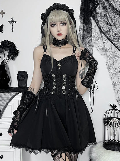 Gothic A-Line Pleated Hem Harajuku Lolita Lace Trim Summer Dress