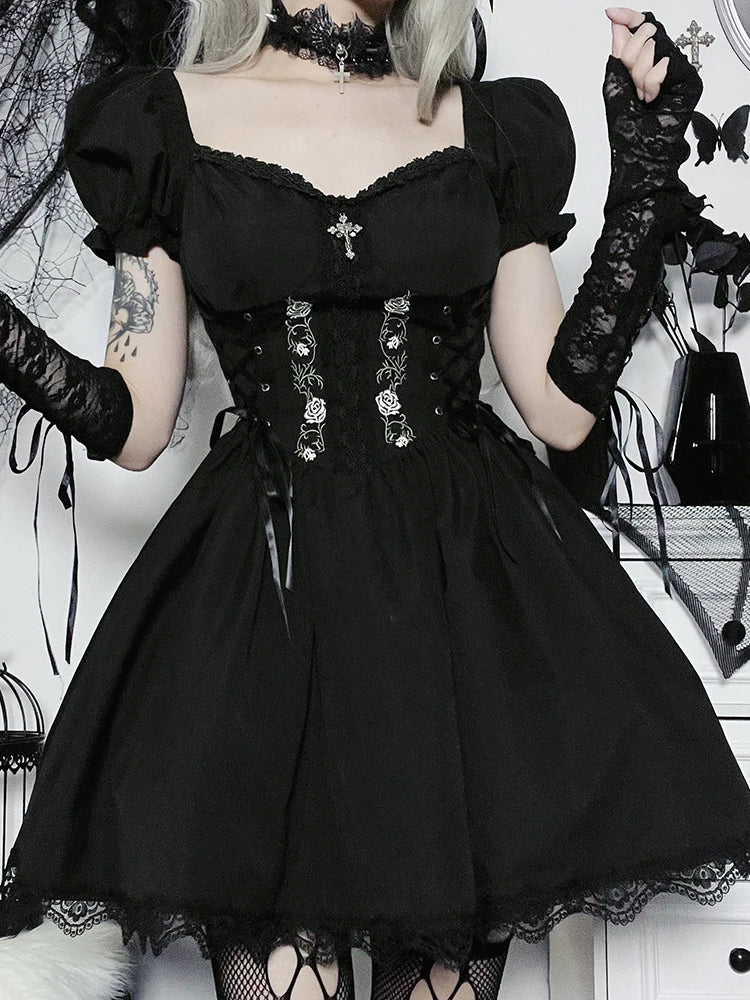 Gothic A-Line Pleated Hem Harajuku Lolita Lace Trim Summer Dress