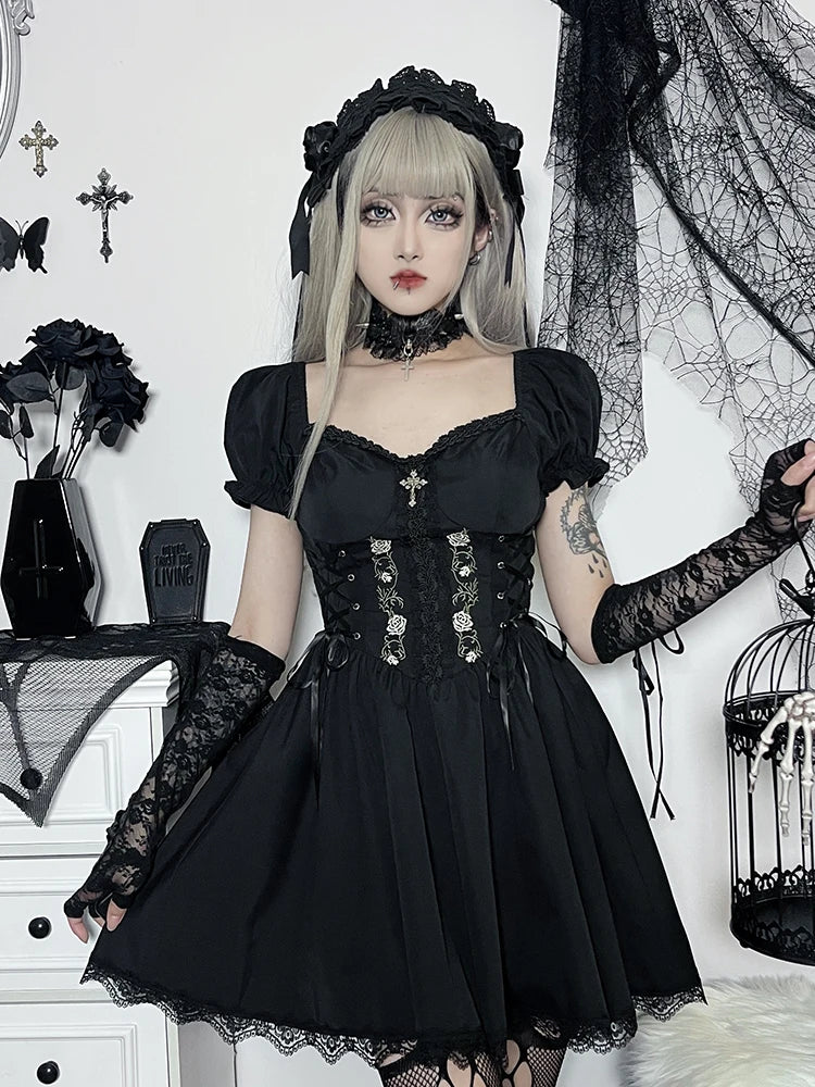 Gothic A-Line Pleated Hem Harajuku Lolita Lace Trim Summer Dress